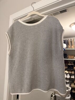 In February Ribbed Knit Sweater Vest in Light Gray with White Trim